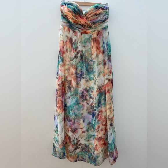 Aidan Maddox Strapless Sweetheart Pleated Watercolor Chiffon Dress Gown Formal 8 - Picture 6 of 16